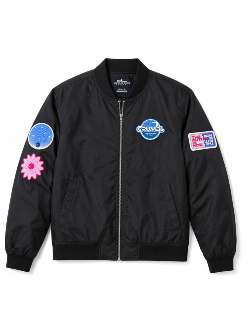 Crumbl Cookies Bomber Jacket Men's Medium Black Full Zip Space Patch Promo Coat